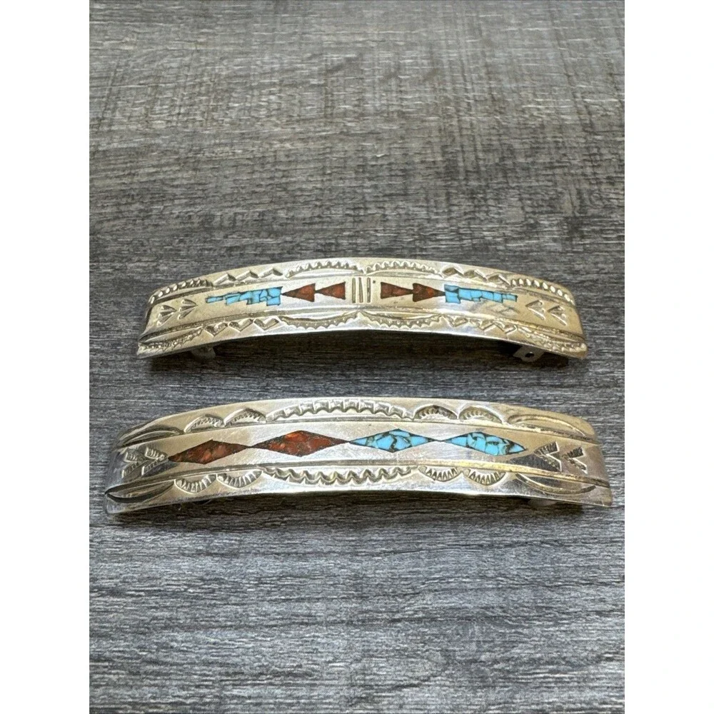 2 Vtg Navajo Native Stamped Sterling Turquoise Coral Inlay Hair Clip Barrette 3”